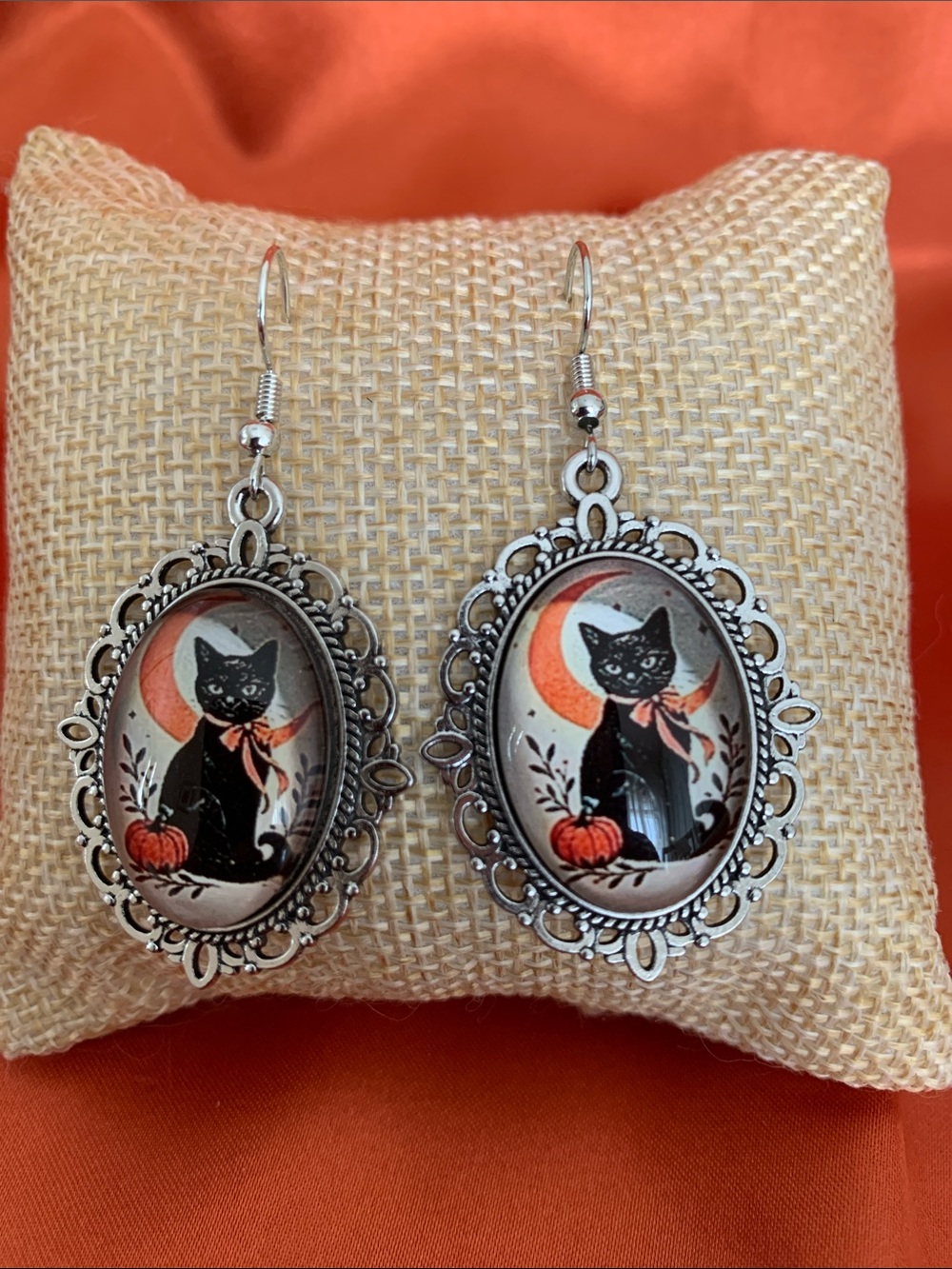 Black Cat Halloween Oval Drop Earrings - Silver Frame